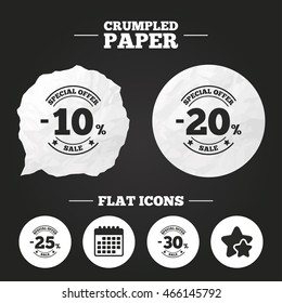 Crumpled paper speech bubble. Sale discount icons. Special offer stamp price signs. 10, 20, 25 and 30 percent off reduction symbols. Paper button. Vector