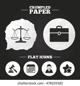 Crumpled paper speech bubble. Scales of Justice icon. Client or Lawyer symbol. Auction hammer sign. Law judge gavel. Court of law. Paper button. Vector