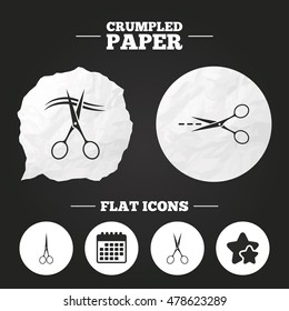 Crumpled paper speech bubble. Scissors icons. Hairdresser or barbershop symbol. Scissors cut hair. Cut dash dotted line. Tailor symbol. Paper button. Vector