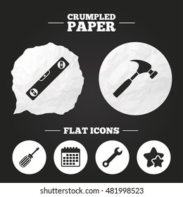 Crumpled paper speech bubble. Screwdriver and wrench key tool icons. Bubble level and hammer sign symbols. Paper button. Vector
