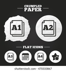 Crumpled paper speech bubble. Paper size standard icons. Document symbols. A1, A2, A3 and A4 page signs. Paper button. Vector