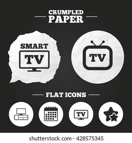 Crumpled paper speech bubble. Smart TV mode icon. Widescreen symbol. Retro television and TV table signs. Paper button. Vector