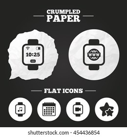 Crumpled paper speech bubble. Smart watch icons. Wrist digital time watch symbols. Music, Video, Globe internet and wi-fi signs. Paper button. Vector