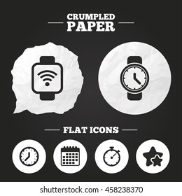Crumpled paper speech bubble. Smart watch wi-fi icons. Mechanical clock time, Stopwatch timer symbols. Wrist digital watch sign. Paper button. Vector