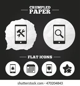 Crumpled paper speech bubble. Smartphone icons. Shield protection, repair, software bug signs. Search in phone. Hammer with wrench service symbol. Paper button. Vector