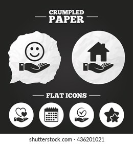 Crumpled paper speech bubble. Smile and hand icon. Heart and Tick or Check symbol. Palm holds house building sign. Paper button. Vector