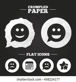 Crumpled paper speech bubble. Speech bubble smile face icons. Happy, sad, cry signs. Happy smiley chat symbol. Sadness depression and crying signs. Paper button. Vector