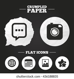 Crumpled paper speech bubble. Social media icons. Chat speech bubble and world globe symbols. Hipster photo camera sign. Landscape photo frame. Paper button. Vector