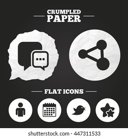 Crumpled paper speech bubble. Social media icons. Chat speech bubble and Share link symbols. Bird sign. Human person profile. Paper button. Vector