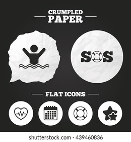 Crumpled paper speech bubble. SOS lifebuoy icon. Heartbeat cardiogram symbol. Swimming sign. Man drowns. Paper button. Vector