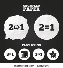 Crumpled paper speech bubble. Special offer icons. Take two pay for one sign symbols. Profit at saving. Paper button. Vector