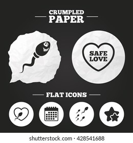 Crumpled paper speech bubble. Sperm icons. Fertilization or insemination signs. Safe love heart symbol. Paper button. Vector