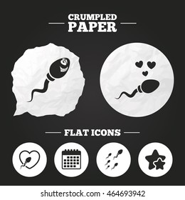 Crumpled paper speech bubble. Sperm icons. Fertilization or insemination signs. Safe love heart symbol. Paper button. Vector