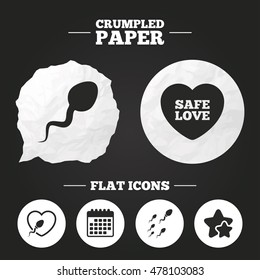 Crumpled paper speech bubble. Sperm icons. Fertilization or insemination signs. Safe love heart symbol. Paper button. Vector