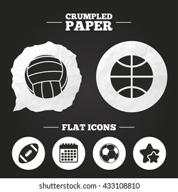 Crumpled paper speech bubble. Sport balls icons. Volleyball, Basketball, Soccer and American football signs. Team sport games. Paper button. Vector