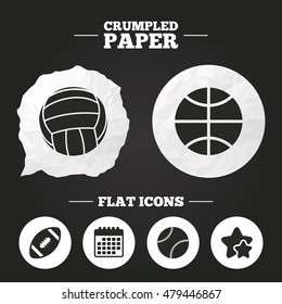 Crumpled paper speech bubble. Sport balls icons. Volleyball, Basketball, Baseball and American football signs. Team sport games. Paper button. Vector