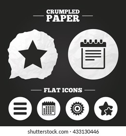 Crumpled paper speech bubble. Star favorite and menu list icons. Notepad and cogwheel gear sign symbols. Paper button. Vector
