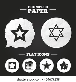 Crumpled paper speech bubble. Star of David icons. Sheriff police sign. Symbol of Israel. Paper button. Vector