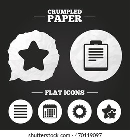 Crumpled paper speech bubble. Star favorite and menu list icons. Checklist and cogwheel gear sign symbols. Paper button. Vector