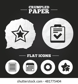 Crumpled paper speech bubble. Star favorite and menu list icons. Checklist and cogwheel gear sign symbols. Paper button. Vector
