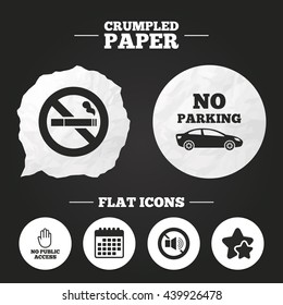 Crumpled paper speech bubble. Stop smoking and no sound signs. Private territory parking or public access. Cigarette and hand symbol. Paper button. Vector
