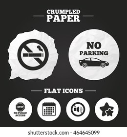 Crumpled paper speech bubble. Stop smoking and no sound signs. Private territory parking or public access. Cigarette symbol. Speaker volume. Paper button. Vector