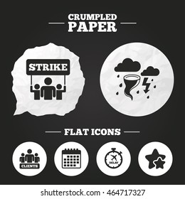 Crumpled paper speech bubble. Strike icon. Storm bad weather and group of people signs. Delayed flight symbol. Paper button. Vector