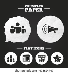 Crumpled paper speech bubble. Strike group of people icon. Megaphone loudspeaker sign. Election or voting symbol. Hands raised up. Paper button. Vector