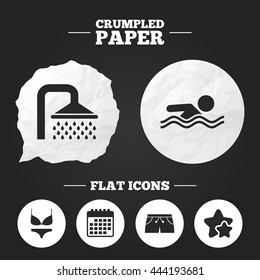 Crumpled paper speech bubble. Swimming pool icons. Shower water drops and swimwear symbols. Human swims in sea waves sign. Trunks and women underwear. Paper button. Vector