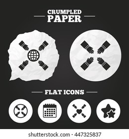 Crumpled paper speech bubble. Teamwork icons. Helping Hands with globe and heart symbols. Group of employees working together. Paper button. Vector