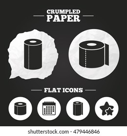 Crumpled paper speech bubble. Toilet paper icons. Kitchen roll towel symbols. WC paper signs. Paper button. Vector