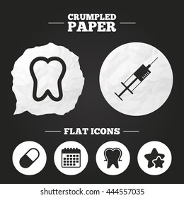 Crumpled paper speech bubble. Tooth enamel protection icons. Medical syringe and pill signs. Medicine injection symbol. Paper button. Vector