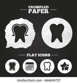 Crumpled paper speech bubble. Tooth enamel protection icons. Dental toothpaste care signs. Healthy teeth sign. Paper button. Vector