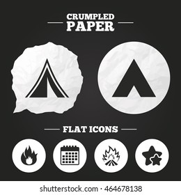 Crumpled paper speech bubble. Tourist camping tent icons. Fire flame sign symbols. Paper button. Vector