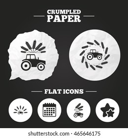 Crumpled paper speech bubble. Tractor icons. Wreath of Wheat corn signs. Agricultural industry transport symbols. Paper button. Vector