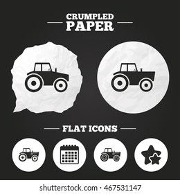 Crumpled paper speech bubble. Tractor icons. Agricultural industry transport symbols. Paper button. Vector