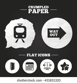 Crumpled paper speech bubble. Train railway icon. Automatic door symbol. Way out arrow sign. Paper button. Vector