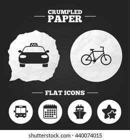 Crumpled paper speech bubble. Transport icons. Taxi car, Bicycle, Public bus and Ship signs. Shipping delivery symbol. Family vehicle sign. Paper button. Vector