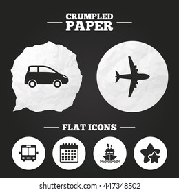 Crumpled paper speech bubble. Transport icons. Car, Airplane, Public bus and Ship signs. Shipping delivery symbol. Air mail delivery sign. Paper button. Vector