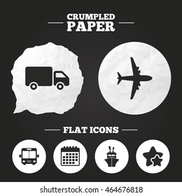 Crumpled paper speech bubble. Transport icons. Truck, Airplane, Public bus and Ship signs. Shipping delivery symbol. Air mail delivery sign. Paper button. Vector