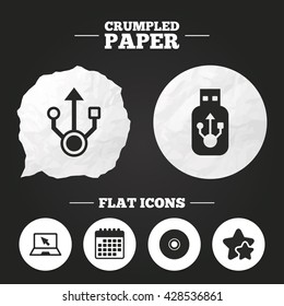Crumpled paper speech bubble. Usb flash drive icons. Notebook or Laptop pc symbols. CD or DVD sign. Compact disc. Paper button. Vector