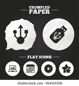 Crumpled paper speech bubble. Usb flash drive icons. Notebook or Laptop pc symbols. CD or DVD sign. Compact disc. Paper button. Vector