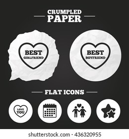 Crumpled paper speech bubble. Valentine day love icons. Best girlfriend and boyfriend symbol. Couple lovers sign. Paper button. Vector