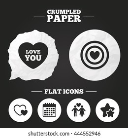Crumpled paper speech bubble. Valentine day love icons. Target aim with heart symbol. Couple lovers sign. Paper button. Vector