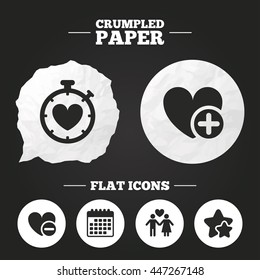 Crumpled paper speech bubble. Valentine day love icons. Love heart timer symbol. Couple lovers sign. Add new love relationship. Paper button. Vector