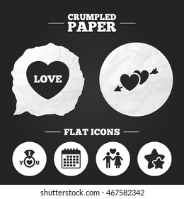 Crumpled paper speech bubble. Valentine day love icons. I love you ring symbol. Couple lovers sign. Paper button. Vector