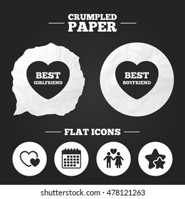 Crumpled paper speech bubble. Valentine day love icons. Best girlfriend and boyfriend symbol. Couple lovers sign. Paper button. Vector