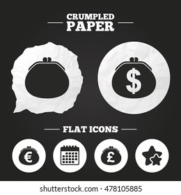 Crumpled paper speech bubble. Wallet with Dollar, Euro and Pounds currency icons. Cash bag signs. Retro wealth symbol. Paper button. Vector