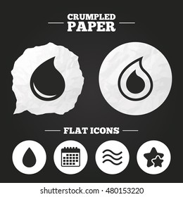 Crumpled paper speech bubble. Water drop icons. Tear or Oil drop symbols. Paper button. Vector