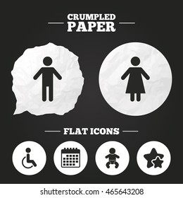 Crumpled paper speech bubble. WC toilet icons. Human male or female signs. Baby infant or toddler. Disabled handicapped invalid symbol. Paper button. Vector